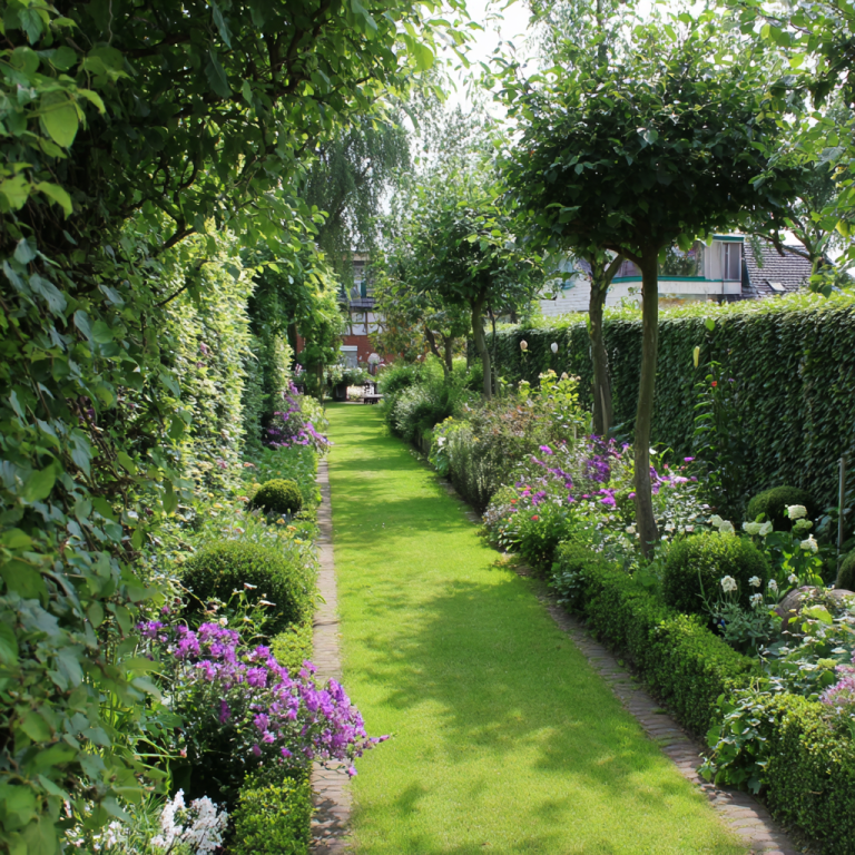 Garten Neuanlage in Hildesheim Blühender Gartenweg, gesäumt von Pflanzen und Bäumen, mit bunten Blumenbeeten.